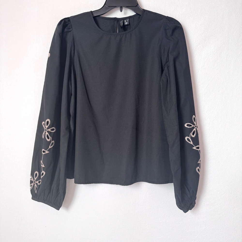 Vero Moda Long Sleeve Blouse Women L Black Floral Eyelet Embroidery Boho